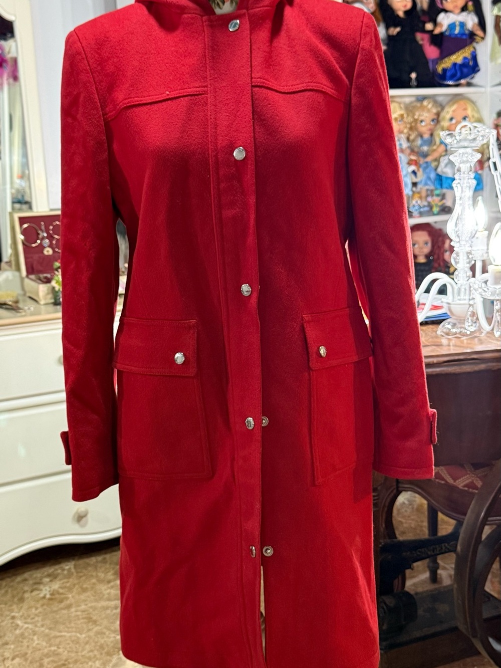 Michael Kors Red Long Trench Coat with Front Flap Pockets